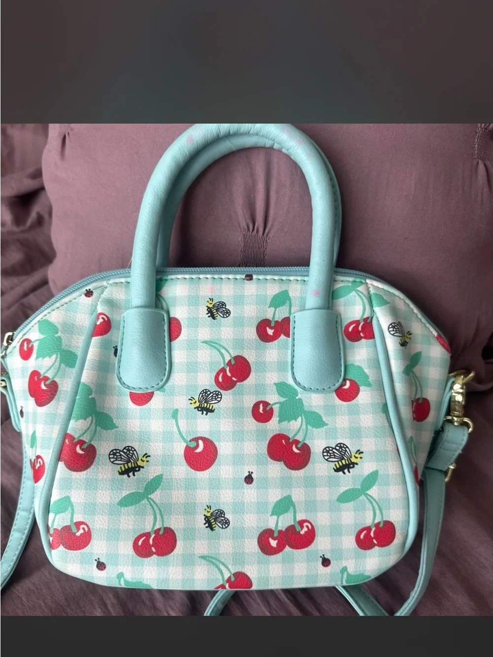 Playful Cherry Print Satchel - Light Blue